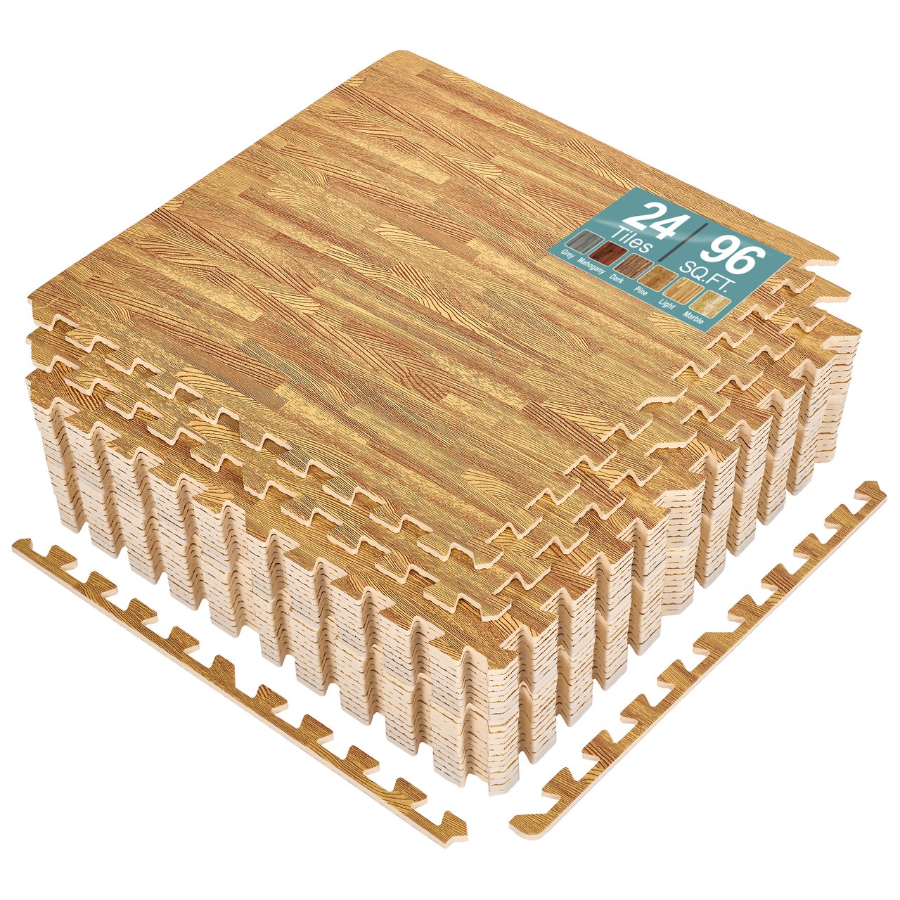Sorbus 96 Sq. Ft. Wood Grain Floor Tiles, 24 Interlocking EVA Foam Mats, Thick Floor Mats w/ Borders for Home Gym, Playroom, and More